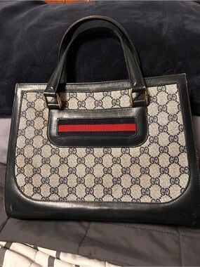 Gucci  Vintage Beige GG Canvas Tote with Black Trim and Red Stripe